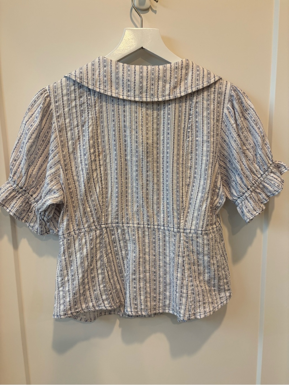 Pilcro Keira Tuxedo Blouse, Light Blue & White Striped Ruffle-Trim Button Down - Picture 6 of 11